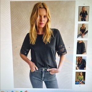 Sezane Black Hortense Boxy T-Shirt with Lace Sleeves